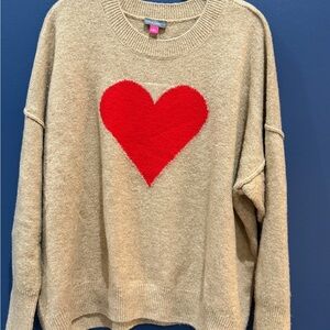 Vince Camuto Women's sweater Long Sleeve Crewneck,latte heather,red heart design